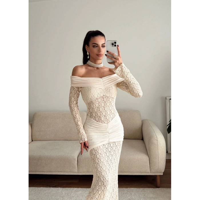 Madonna Yaka Dantel Elbise - EKRU