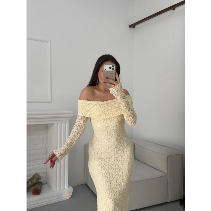 Madonna Yaka Dantel Elbise - EKRU