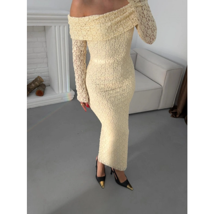 Madonna Yaka Dantel Elbise - EKRU