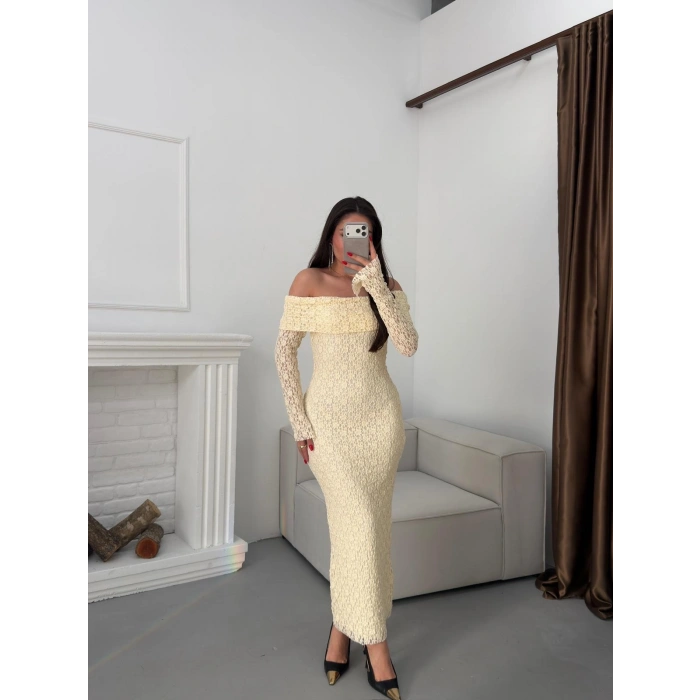 Madonna Yaka Dantel Elbise - EKRU