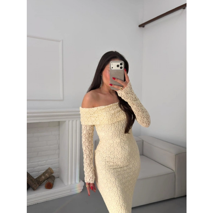 Madonna Yaka Dantel Elbise - EKRU