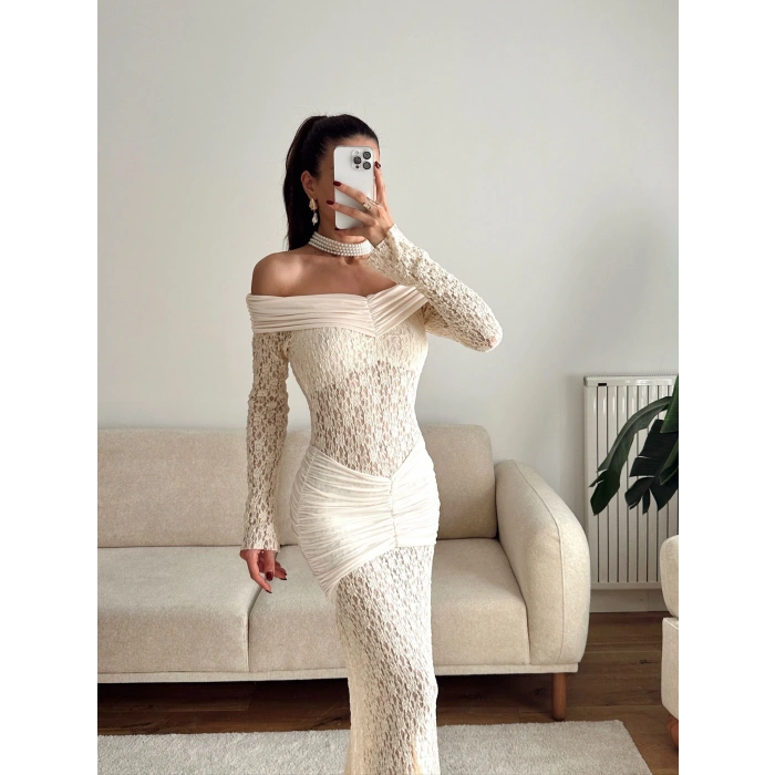 Madonna Yaka Dantel Elbise - EKRU