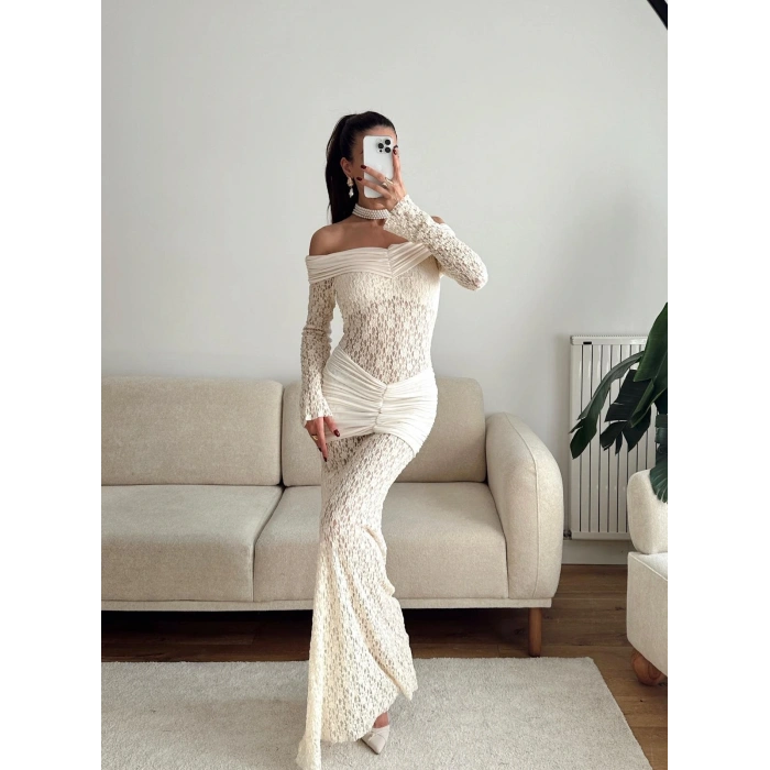 Madonna Yaka Dantel Elbise - EKRU