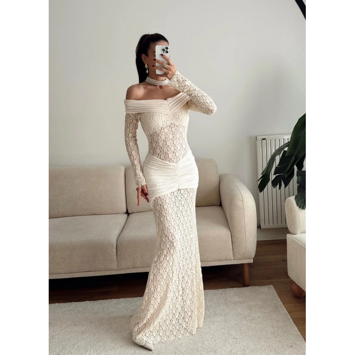 Madonna Yaka Dantel Elbise - EKRU