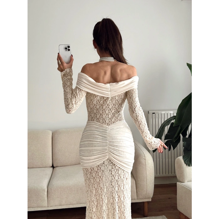 Madonna Yaka Dantel Elbise - EKRU