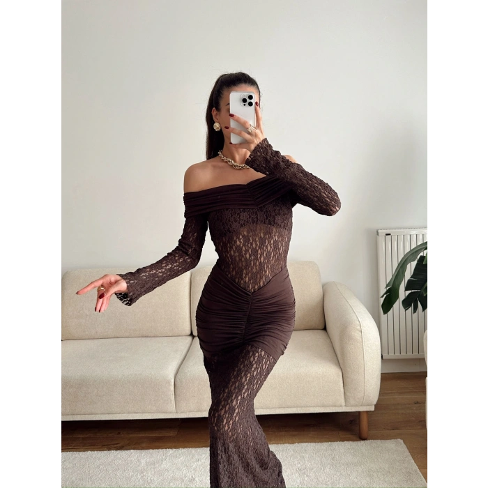 Madonna Yaka Dantel Elbise - KAHVE