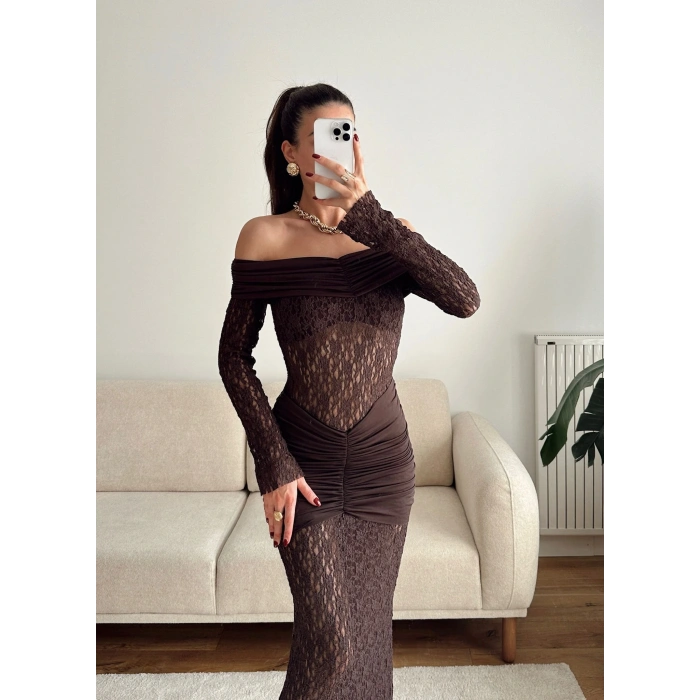 Madonna Yaka Dantel Elbise - KAHVE