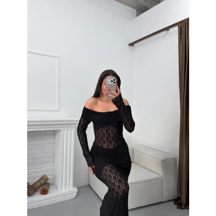 Madonna Yaka Dantel Elbise - SİYAH