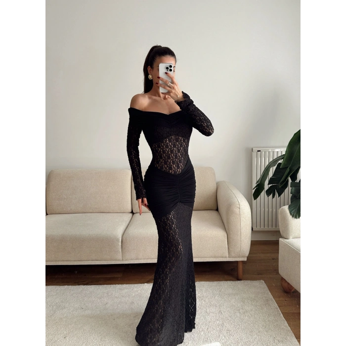 Madonna Yaka Dantel Elbise - SİYAH