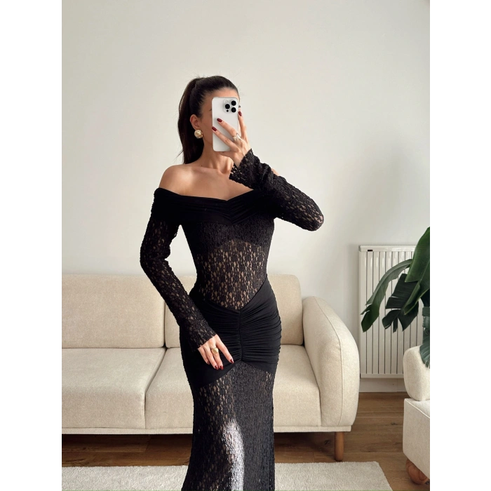 Madonna Yaka Dantel Elbise - SİYAH