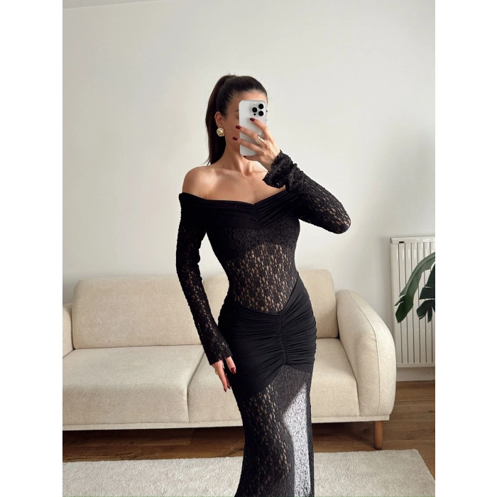 Madonna Yaka Dantel Elbise - SİYAH