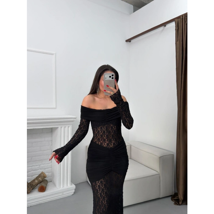 Madonna Yaka Dantel Elbise - SİYAH