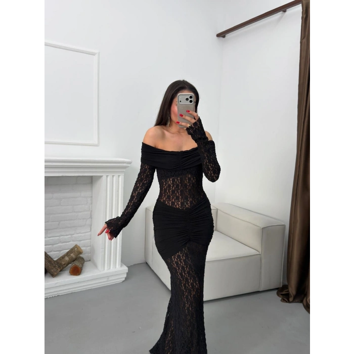 Madonna Yaka Dantel Elbise - SİYAH