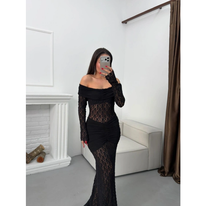 Madonna Yaka Dantel Elbise - SİYAH