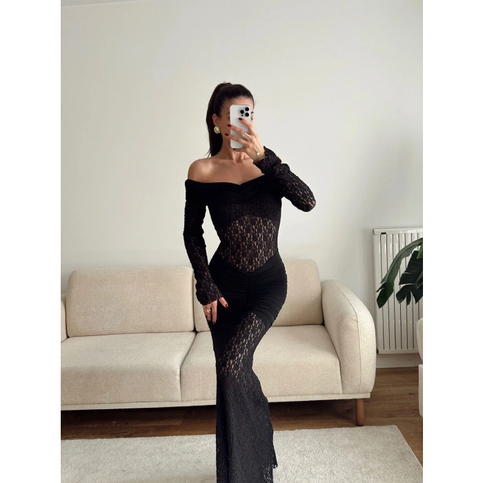 Madonna Yaka Dantel Elbise - SİYAH