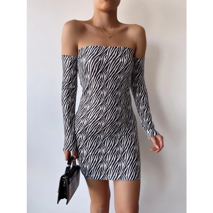 Madonna Yaka Elbise-ZEBRA DESEN
