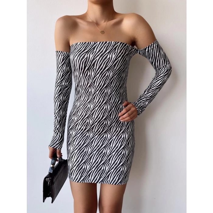 Madonna Yaka Elbise-ZEBRA DESEN