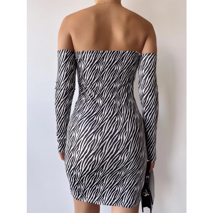 Madonna Yaka Elbise-ZEBRA DESEN