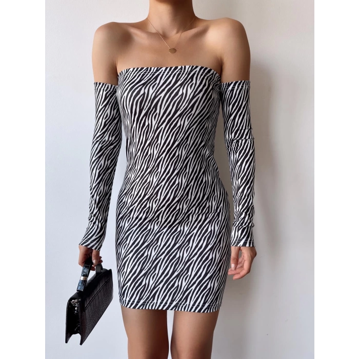 Madonna Yaka Elbise-ZEBRA DESEN