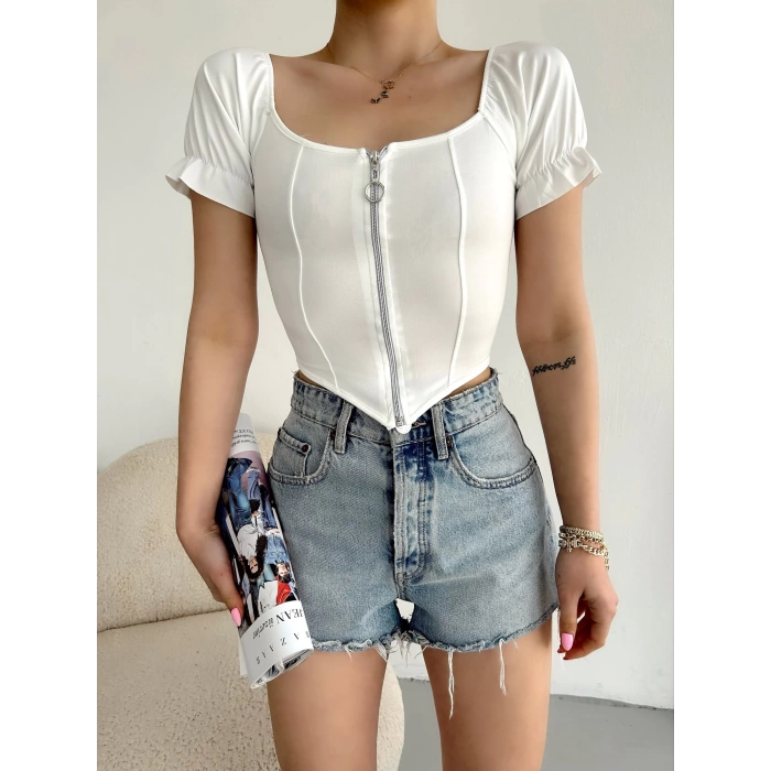 Madonna Yaka Fermuarlı Crop-BEYAZ
