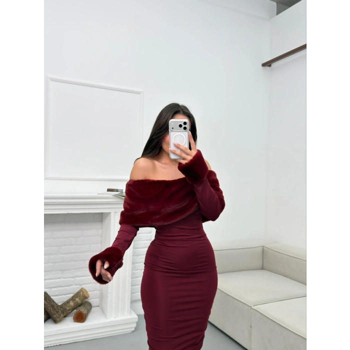 Madonna Yaka Kürklü Elbise - BORDO