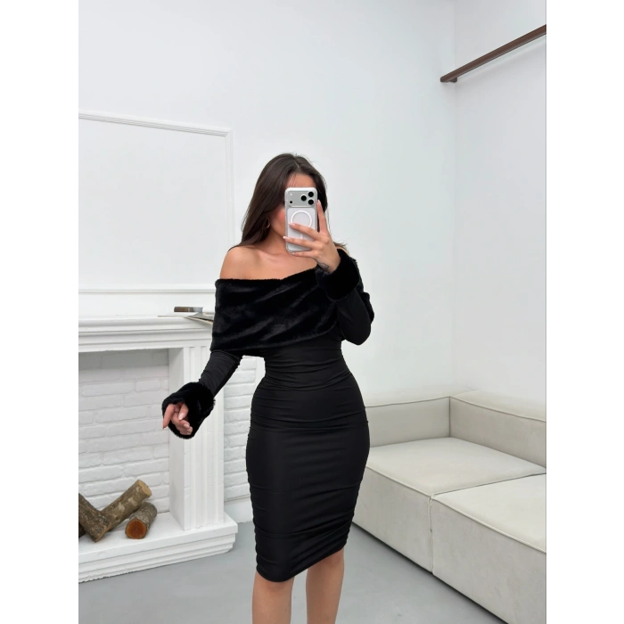 Madonna Yaka Kürklü Elbise - SİYAH