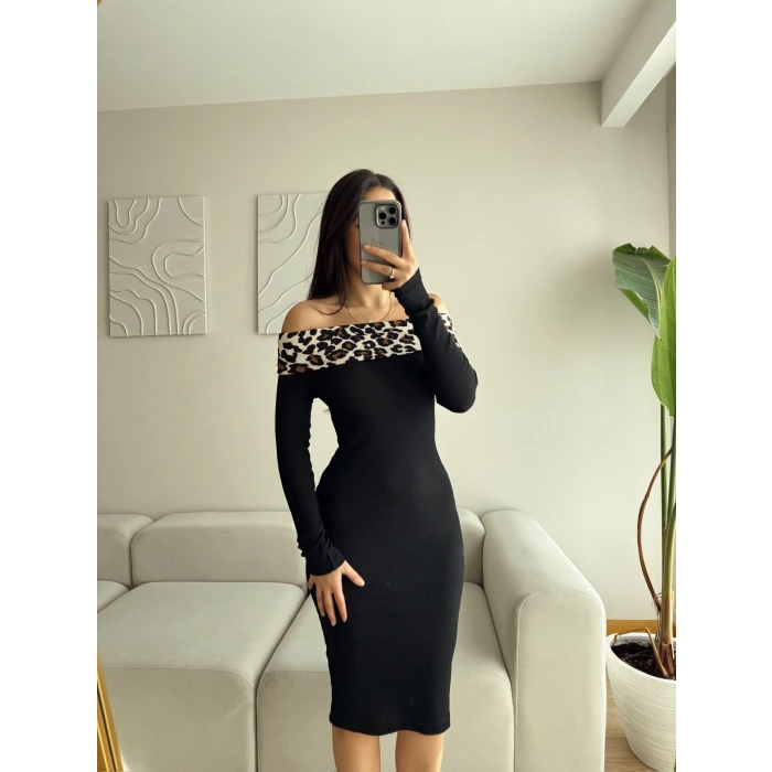 Madonna Yaka Leopar Detay Kaşkorse Elbise - SİYAH