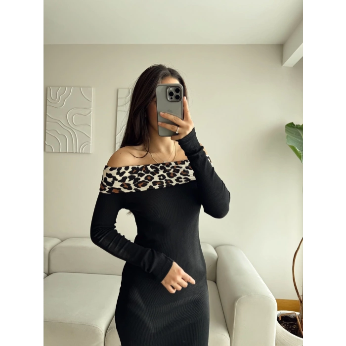 Madonna Yaka Leopar Detay Kaşkorse Elbise - SİYAH