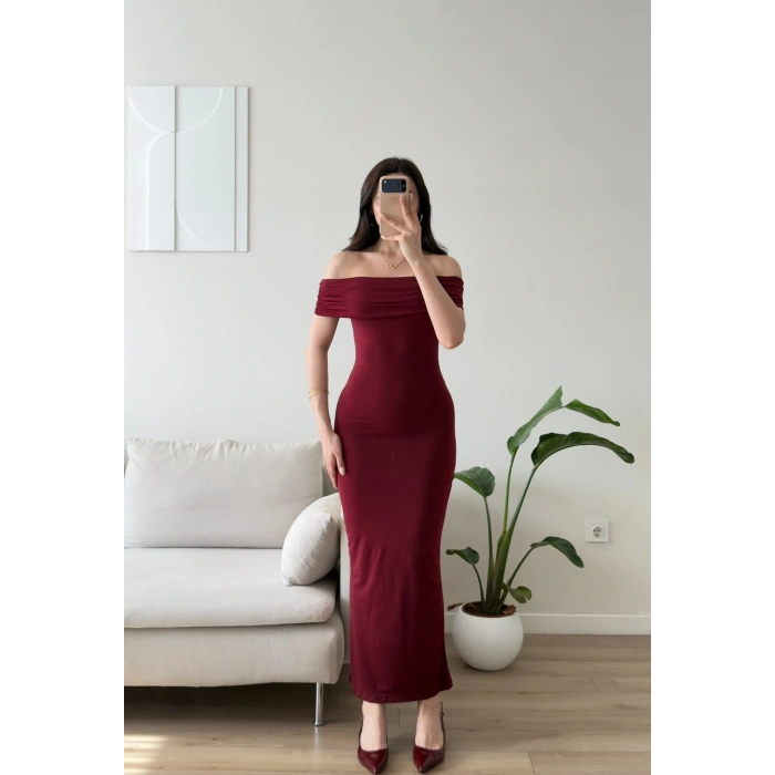 Madonna Yaka Long Elbise - BORDO