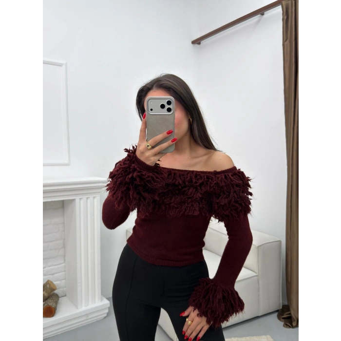 Madonna Yaka Püsküllü Kazak - BORDO