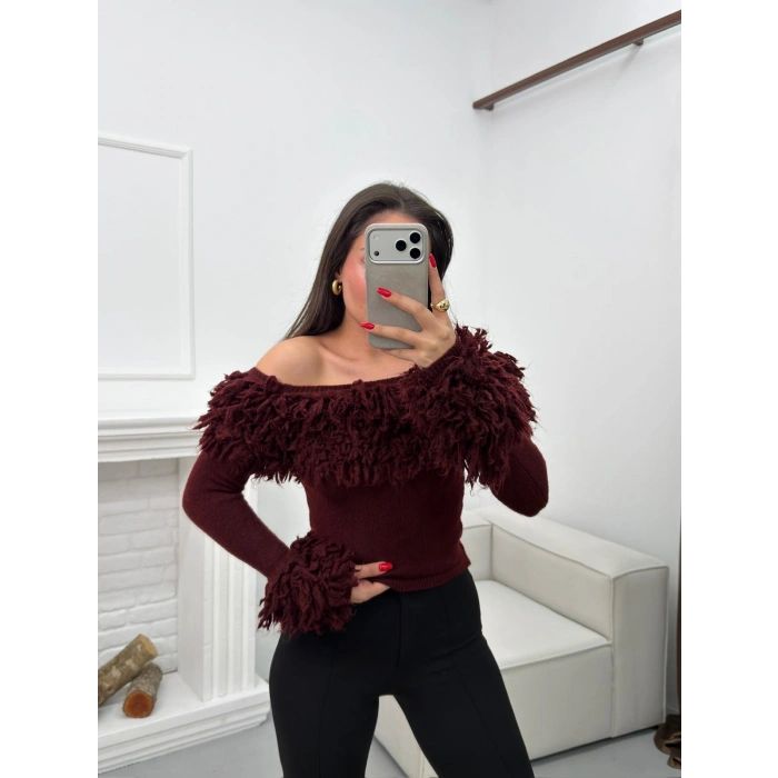 Madonna Yaka Püsküllü Kazak - BORDO