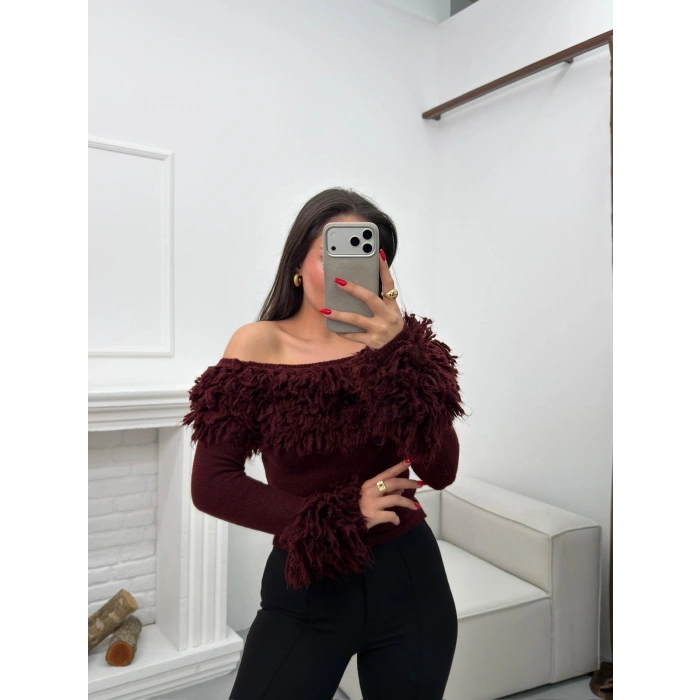 Madonna Yaka Püsküllü Kazak - BORDO