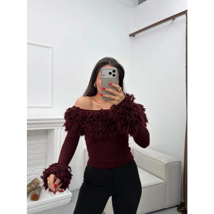 Madonna Yaka Püsküllü Kazak - BORDO