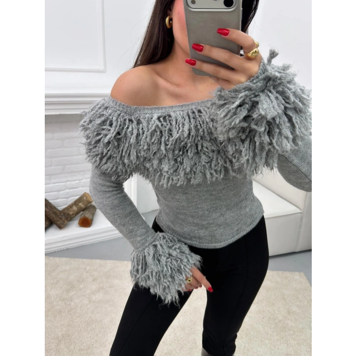 Madonna Yaka Püsküllü Kazak - GRİ