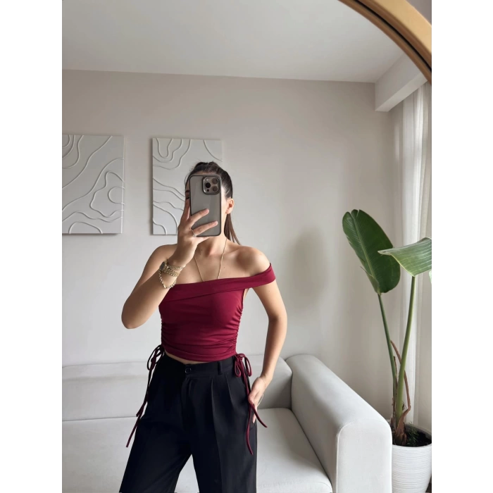 Tek Omuz Köprülü Crop - BORDO