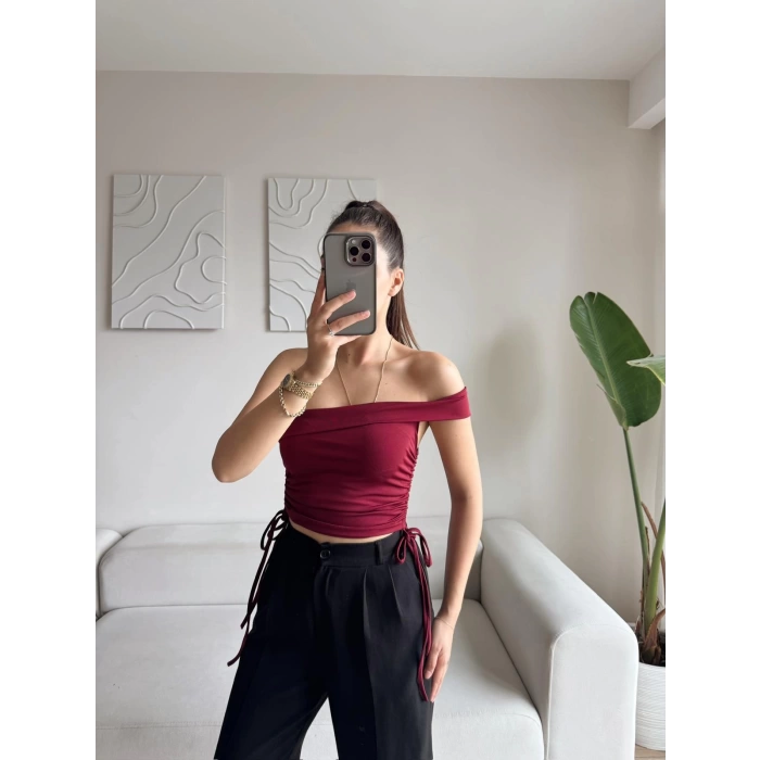 Tek Omuz Köprülü Crop - BORDO