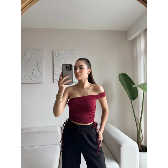 Tek Omuz Köprülü Crop - BORDO