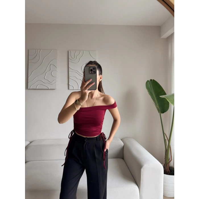 Tek Omuz Köprülü Crop - BORDO