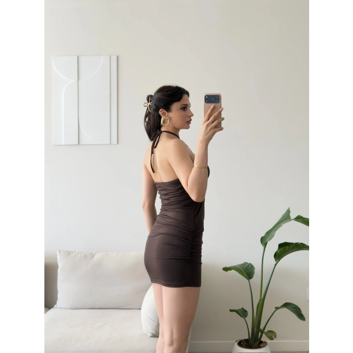 Marima Halter Mini Elbise - KAHVE