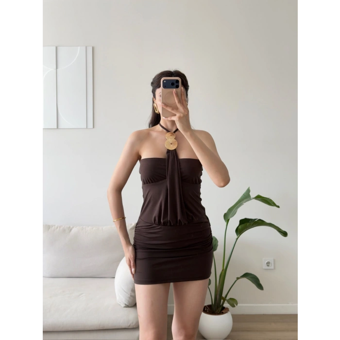 Marima Halter Mini Elbise - KAHVE