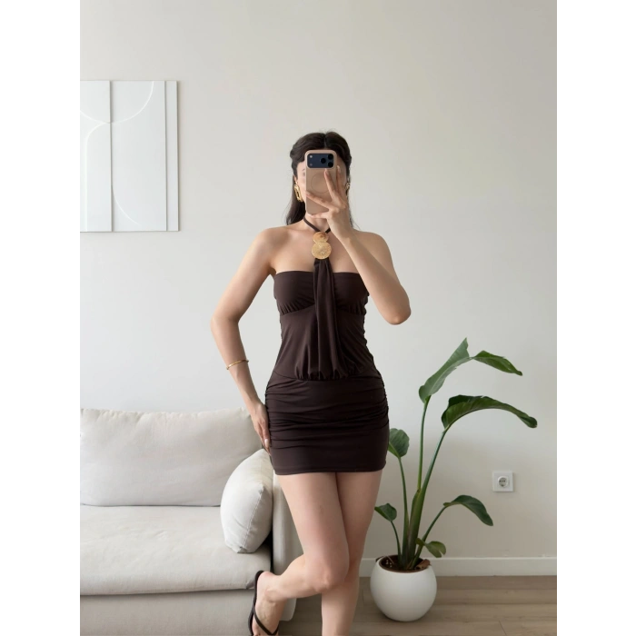 Marima Halter Mini Elbise - KAHVE