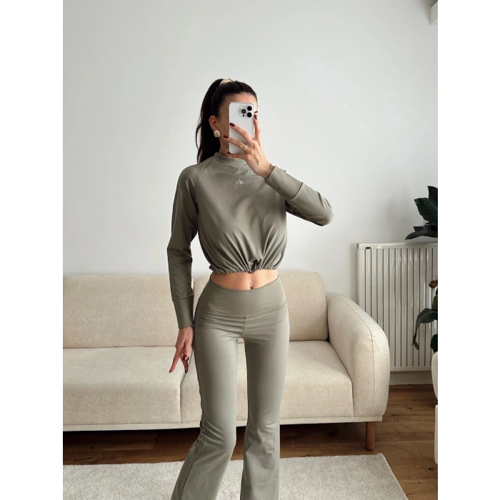 Marka Bel Lastik Crop & Taytlı Takım - HAKİ