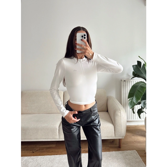Marka Fermuar Crop - BEYAZ