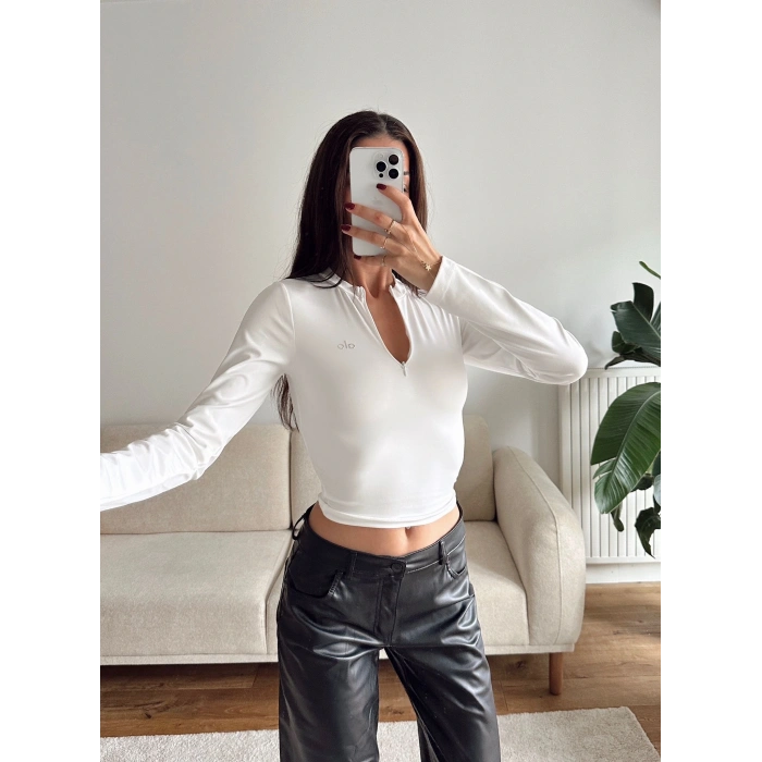 Marka Fermuar Crop - BEYAZ