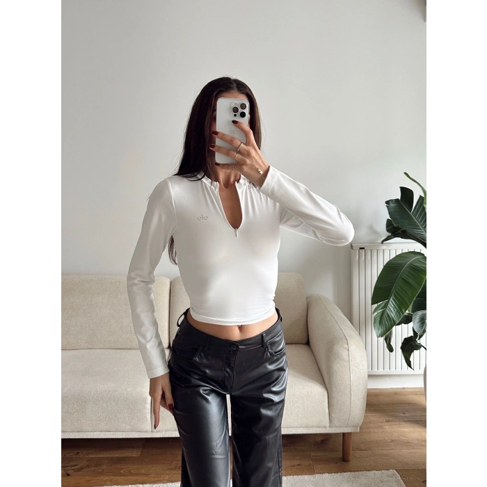 Marka Fermuar Crop - BEYAZ