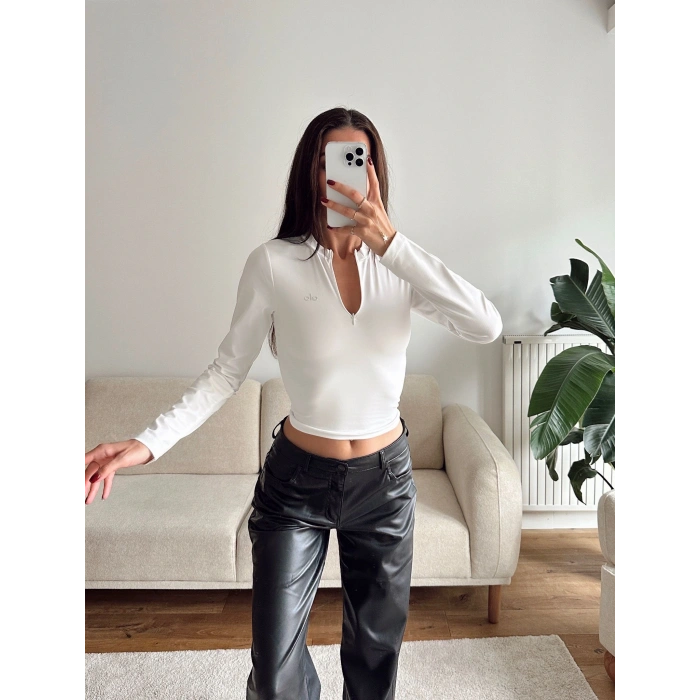 Marka Fermuar Crop - BEYAZ