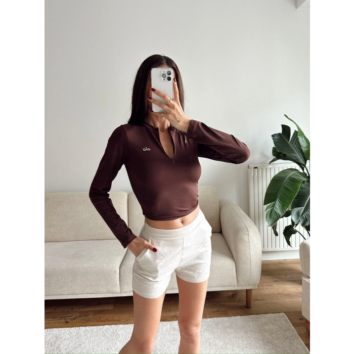 Marka Fermuar Crop - KAHVE