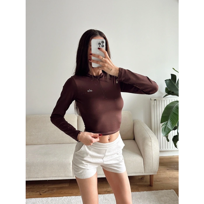 Marka Fermuar Crop - KAHVE