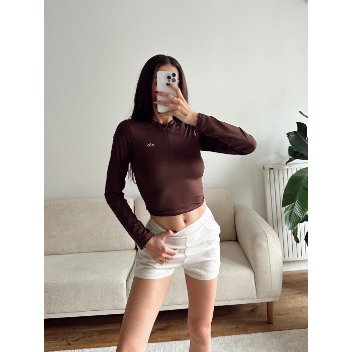 Marka Fermuar Crop - KAHVE