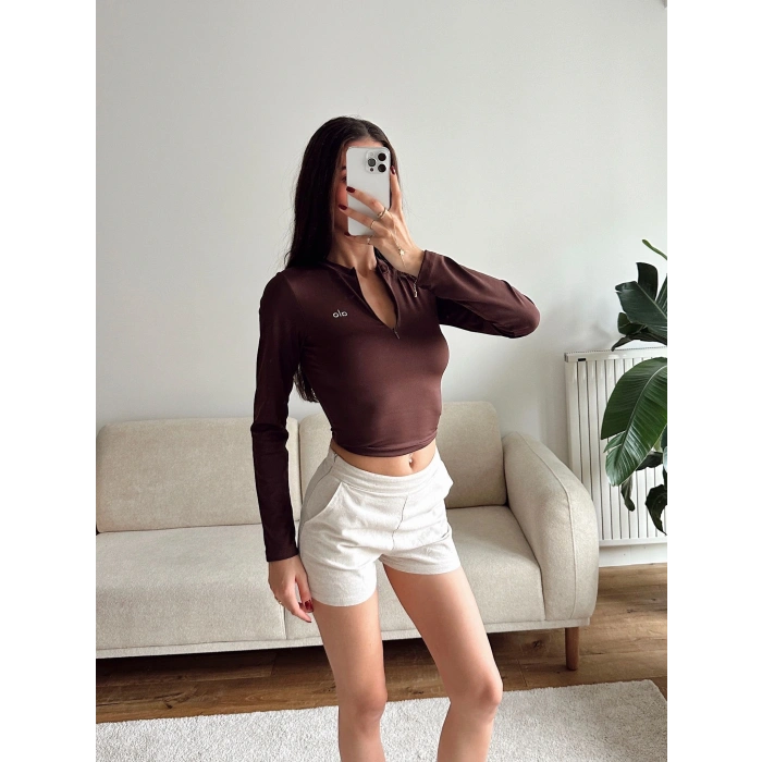 Marka Fermuar Crop - KAHVE